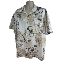 Mens Vintage Beige Brown Hawaiian Floral Linen Button Up Camp Shirt 2XL Pocket - £38.21 GBP