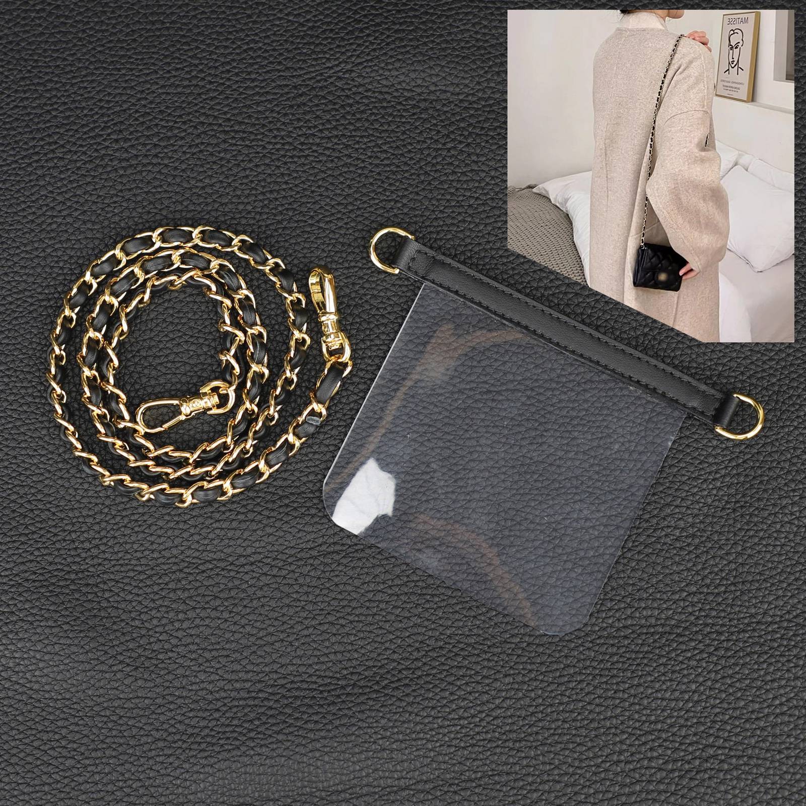 Chain strap with Transparent soft film insert crossbody strap for CF wallet,cust