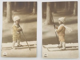 Two (2) Vintage RPPC 1910&#39;s Regel &amp; Krug Child Boy on Skis Postcard 5426 Series - £14.59 GBP