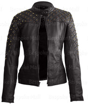 New Woman Full Black Quilted Golden Spiked Rock-Star Cowhide Leather Jacket-203 - £196.58 GBP
