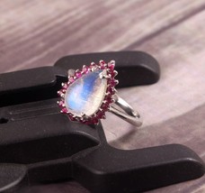 Rainbow Moonstone Ring Ruby Ring Statement Ring 925 Sterling Silver Antique Ring - £35.30 GBP