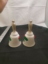 Pair of Vintage Ceramic Holly and Berries Christmas Bells 6 1/2&quot; Tall - £7.47 GBP