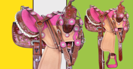 Western Premium Leather Barrel Racing Trail Pink Horse Saddle Tack Size 15&quot; - £417.95 GBP