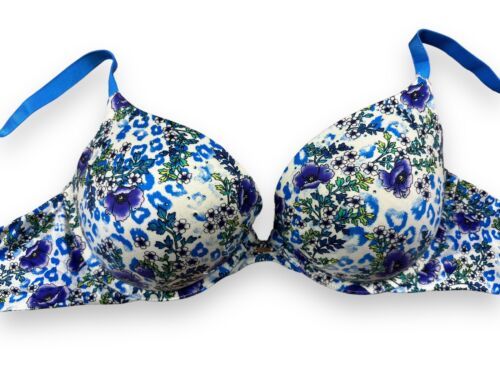 Primary image for Victoria's Secret Plunge Push Up Bra Rhinestone Leopard Blue Purple Floral 36D