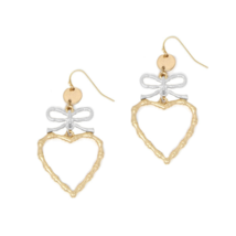 Heart and Bow Bamboo Pattern Dangle Earrings Silver Gold - $14.19