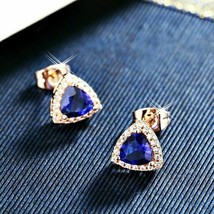 2Ct Simulated Blue Sapphire Halo Stud Earrings 14k Rose Gold Plated - £64.60 GBP