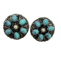 Vtg Earrings Faux Turquoise Pearl Cluster Silver Tone Clip-On Estate Jewelry  - £12.81 GBP