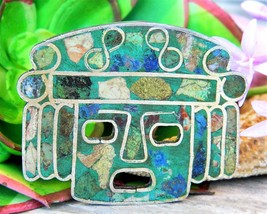 Vintage Aztec Mask Brooch Pin Pendant Sterling Silver 925 Inlay Mexico - £53.21 GBP