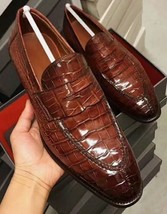 New Handmade Men&#39;s Brown Cowhide Crocodile Textured Leather Penny Loafer Shoes - £96.24 GBP