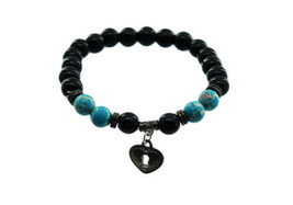 Howlite and Onyx Bead Stretch with Heart Charm Bracelet - £19.82 GBP