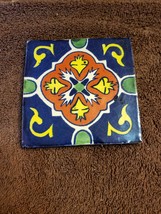 Mexican Tile Art Coaster Trivet Talavera Clay Blue Yellow Red 4 1/8&quot; x 4 1/8&quot; - £4.74 GBP