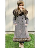 Mob Wife  70s Long Trench Coat Wool Brown Tweed HEIDI Raccoon Fur Dr. Zhivago L - $592.02