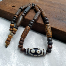 7 eyes Tibetan old Agate amulet with carving Yak Bone Beads Necklace - £124.03 GBP
