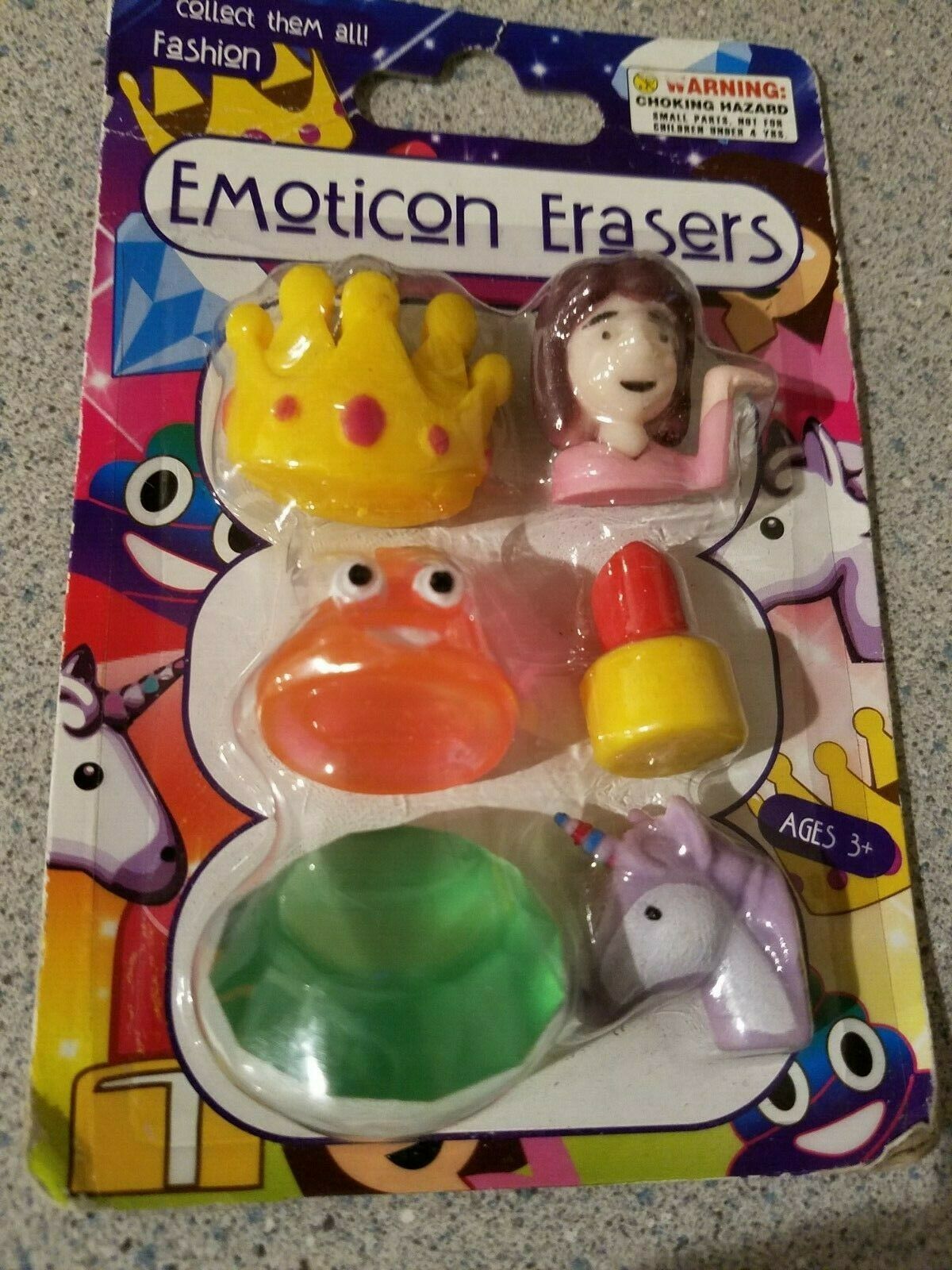 Emoticon Erasers Crown Girl Poo Lipstick Diamond Unicorn Emoji 6 Pack - $4.89