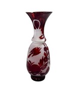 Vintage Bohemian Bird Floral Flowers Ruby Red &amp; White Etched Glass Vase ... - $32.71