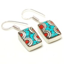 Turquoise Red Coral Bohemian Drop Dangle Jewelry Earrings Nepali 1.40&quot; S... - £6.21 GBP