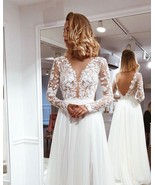 Beach A Line V Neck Open Back White Wedding Dresses,Lace Long Sleeves Br... - $159.89