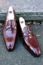 Men&#39;s Burgundy Burnished Cap Toe Handmade Genuine Leather Stylish Men Shoes 2019 - £115.09 GBP