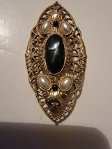 Vintage Antique Gold Tone Filigree Black Stone &amp; Pearl Brooch - £16.35 GBP