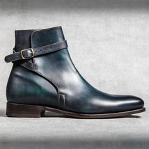 Men&#39;s Handmade Blue Patina Leather Boots, Men&#39;s Buckle Strap Ankle Jodhp... - $216.97 CAD+