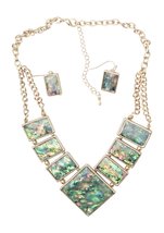 HW Collection Imitation Abalone Shell Squares Geometic Goldtone Necklace and Ear - £21.92 GBP