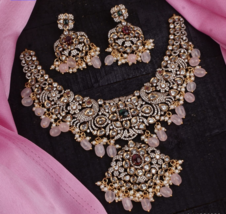 Indian Bollywood Style CZ Gold Plated Victorian Necklace Pink Pearl Jewelry Set - £213.92 GBP