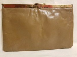 Vintage ETRA CLUTCH PURSE TAN TAUPE LEATHER WITH GOLD TRIM  - $13.85