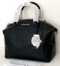 Michael Kors Riley Black Gold Leather Top Zip Medium Satchel Bag Pursenwt! - £179.10 GBP
