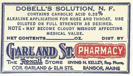 Vintage Pharmacy Label DOBELL&#39;S SOLUTION Garland St Pharmacy Rexall Bangor Maine - £20.72 GBP