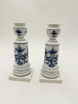 Antique Meissen Porcelain Blue Onion Candle Holder 6” Pair Germany Hand ... - $315.00