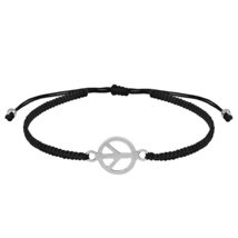 Trendy Hippie Peace Sign Sterling Silver Charm Black Rope Adjustable Bracelet - £10.75 GBP
