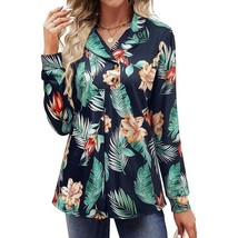 Collared V Neck Hawaiian Print Top S Blue Floral Long Sleeve Buttons Str... - £14.76 GBP