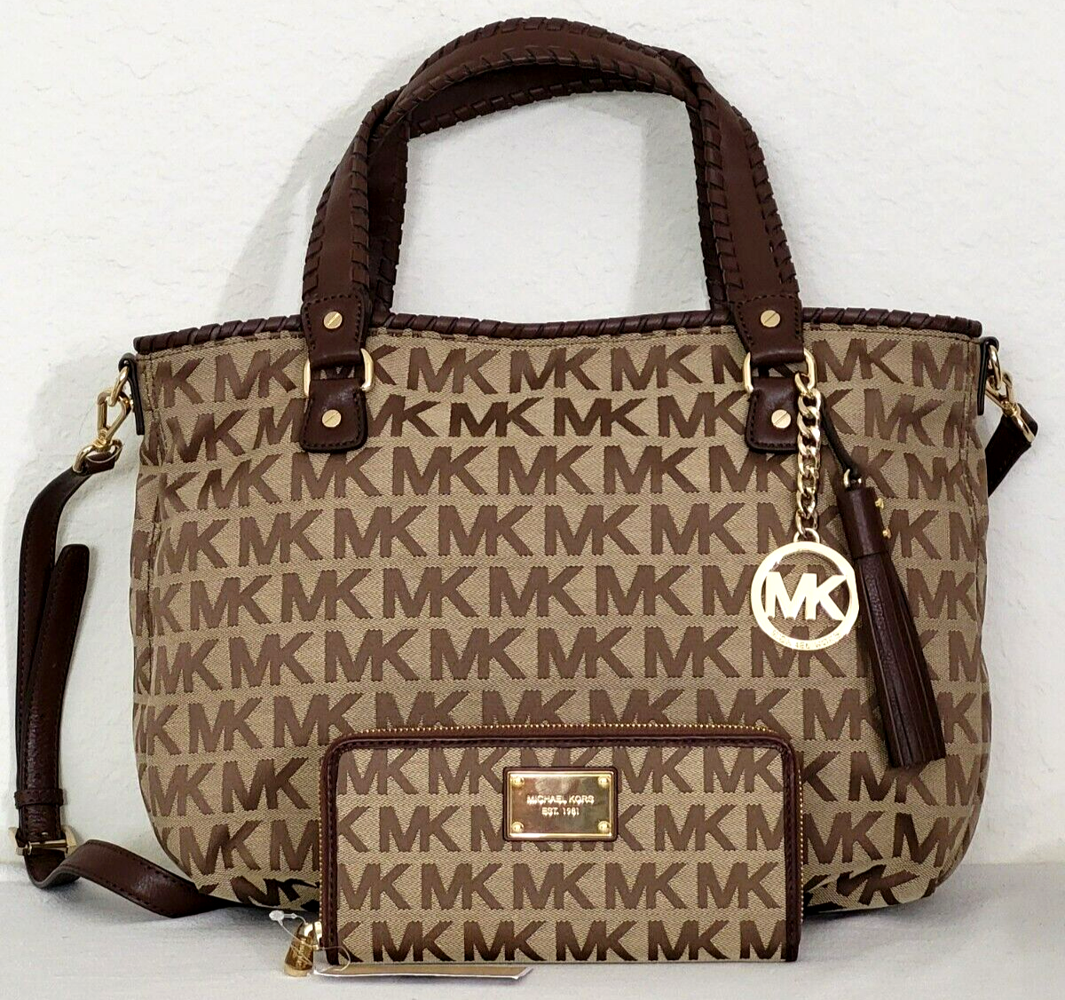 MICHAEL KORS BENNET LARGE KHAKI/BROWN LOGO TOP ZIP TOTE BAG &amp;/OR WALLETNWT! - $85.49+