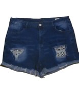 Distressed Denim Shorts With Leopard Print Patches Frayed Hem 3XL Blue - $368.59 MXN