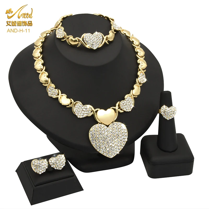 Necklace Set Designer Luxury Heart Dubai Sets For Women Bridal African Indian Je - £24.18 GBP