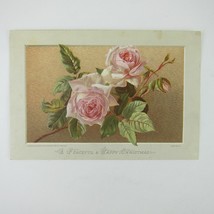 Victorian Christmas Card Pink Roses Flowers Green Leaves Gold Background... - £4.70 GBP
