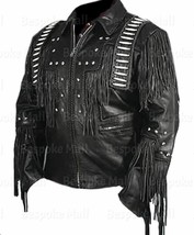 New Men&#39;s Black American Handmade Cowboy Leather Jacket Fringes Bone-99 - $189.99