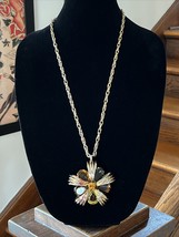 Hobe Large Rhinestone Gold Tone Metal Work Pendant Necklace Signed Floral Star - £195.88 GBP