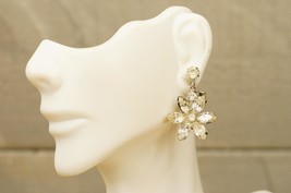 Vintage Costume Jewelry Pale Yellow Rhinestone Flower Metal Clip Earrings - $19.79