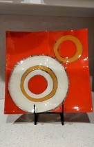 Decorative contemporary square plate w/ rings &amp; circles red-orange off white  - £147.72 GBP