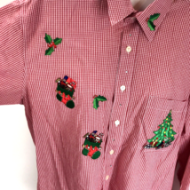 Vintage Christmas Top Mili Designs M Red Gingham Applique Button Down Shirt - £19.41 GBP