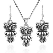 Wide-Eyed Owl Sterling Silver Necklace Earrings Jewelry Set - £18.59 GBP