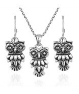 Wide-Eyed Owl Sterling Silver Necklace Earrings Jewelry Set - £18.32 GBP