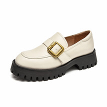 Platform Loafers Women Calfskin Leather Shoes Round Toe Metal Buckle Slip On Lad - £130.22 GBP