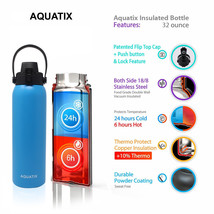 New Aquatix Blue Insulated FlipTop Sport Bottle 32 oz Pure Stainless Steel - £23.40 GBP