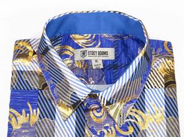 Mens Stacy Adams Fancy Foil Metallic Print Sports Shirt Stage Singer 4943 Blue image 11