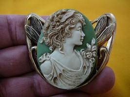 (CL14-14) NOBLE Lady strong woman green oval CAMEO Pin Pendant Jewelry brooch - £28.35 GBP