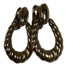 Vintage Clip on Trifari Hoop Gold Tone Textured Dangle Earrings Estate Modern - £14.93 GBP