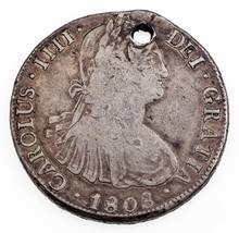 1808-PTS PJ 8 Reales Silver Coin, King Charles IIII w/Hole KM 73 - £58.25 GBP
