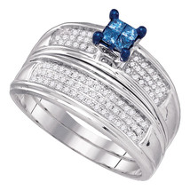 10k White Gold Princess Blue Diamond Bridal Wedding Engagement Ring Set 3/8 Ctw - £400.91 GBP